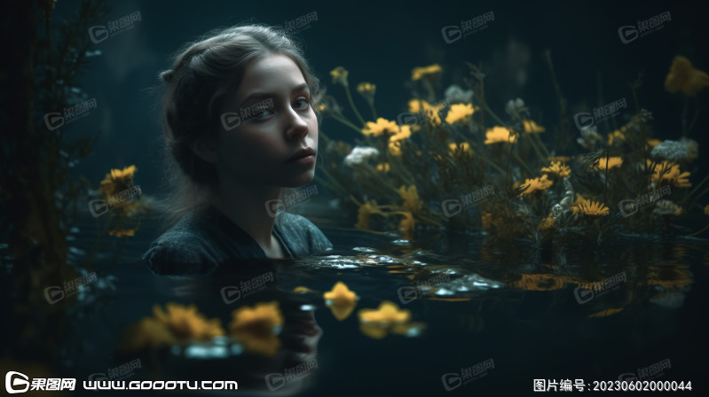 女孩在水中看花